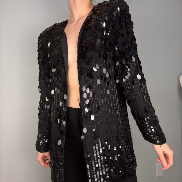 Silk black sequin blazer fringe 80s vintage - fits like modern small / medium - Picture 4 of 8
